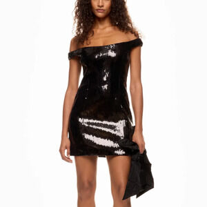 Retrofete Black Sequin Mini Dress MEDIUM Designer Off Shoulder Cocktail $600